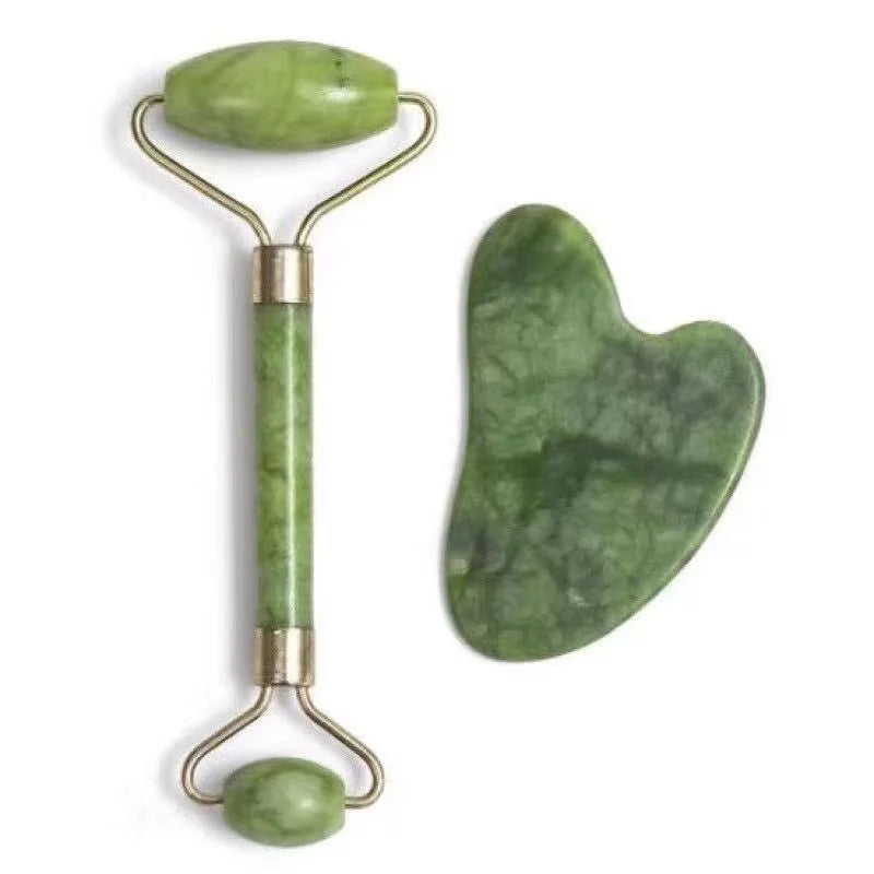 Kit Massagem Facial Anti-Rugas Rolo de Jade e Placa Gua Sha