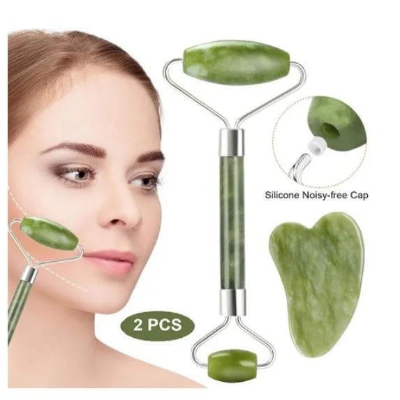 Kit Massagem Facial Anti-Rugas Rolo de Jade e Placa Gua Sha